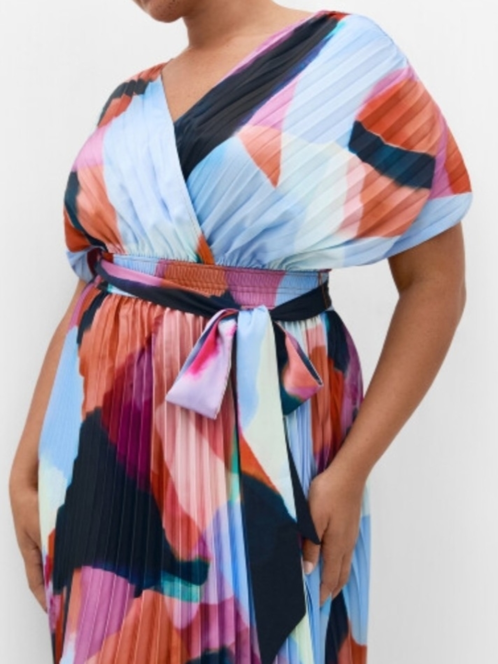 City Chic Abstract Pleated Wrap Midi Dress in Sky Blue, Coral, Pink and Navy